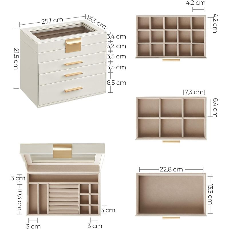 Casa si Gradina - Mobilier - Organizare si depozitare - Cutii depozitare - Cutie de bijuterii cu 4 nivele, 3 sertare, capac din sticla, 22x25x15cm, alb si auriu - Infinity.ro