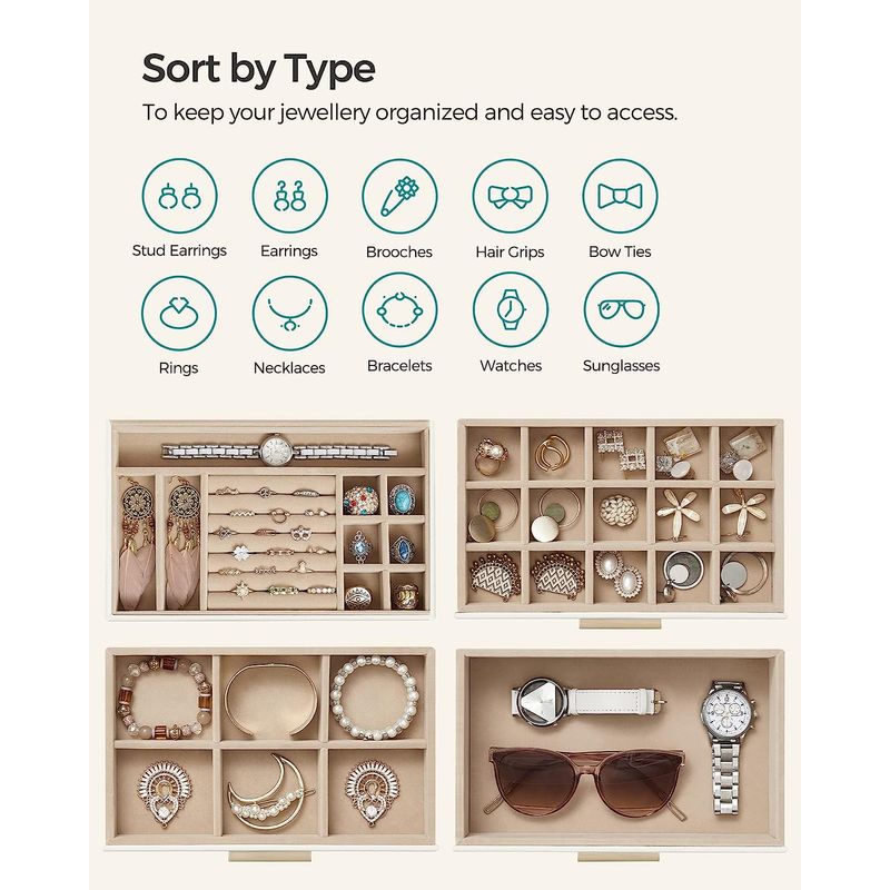 Casa si Gradina - Mobilier - Organizare si depozitare - Cutii depozitare - Cutie de bijuterii cu 4 nivele, 3 sertare, capac din sticla, 22x25x15cm, alb si auriu - Infinity.ro