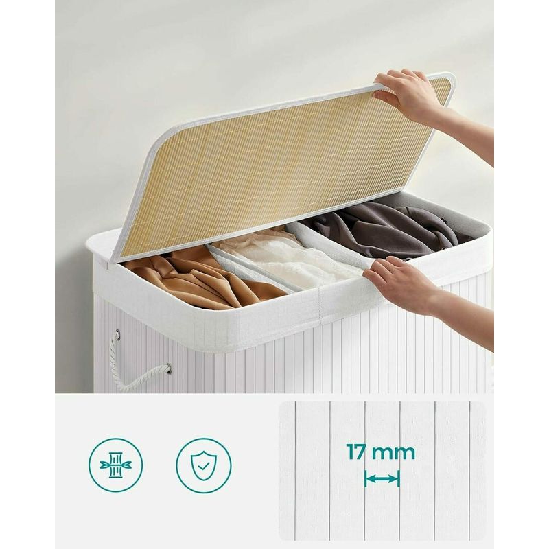 Market - Spalare si intretinere rufe - Uscatoare de rufe si accesorii - Cos de rufe din bambus, pliabil, cu captuseala detasabila lavabila, 3 compartimente, 150L, 60x40x62cm, alb - Infinity.ro