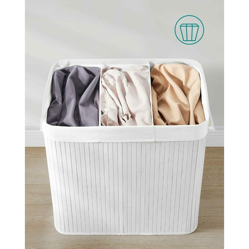 Market - Spalare si intretinere rufe - Uscatoare de rufe si accesorii - Cos de rufe din bambus, pliabil, cu captuseala detasabila lavabila, 3 compartimente, 150L, 60x40x62cm, alb - Infinity.ro