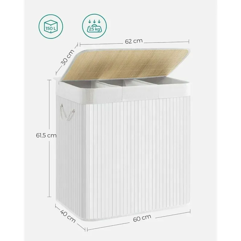 Market - Spalare si intretinere rufe - Uscatoare de rufe si accesorii - Cos de rufe din bambus, pliabil, cu captuseala detasabila lavabila, 3 compartimente, 150L, 60x40x62cm, alb - Infinity.ro