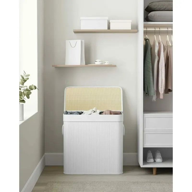 Market - Spalare si intretinere rufe - Uscatoare de rufe si accesorii - Cos de rufe din bambus, pliabil, cu captuseala detasabila lavabila, 3 compartimente, 150L, 60x40x62cm, alb - Infinity.ro