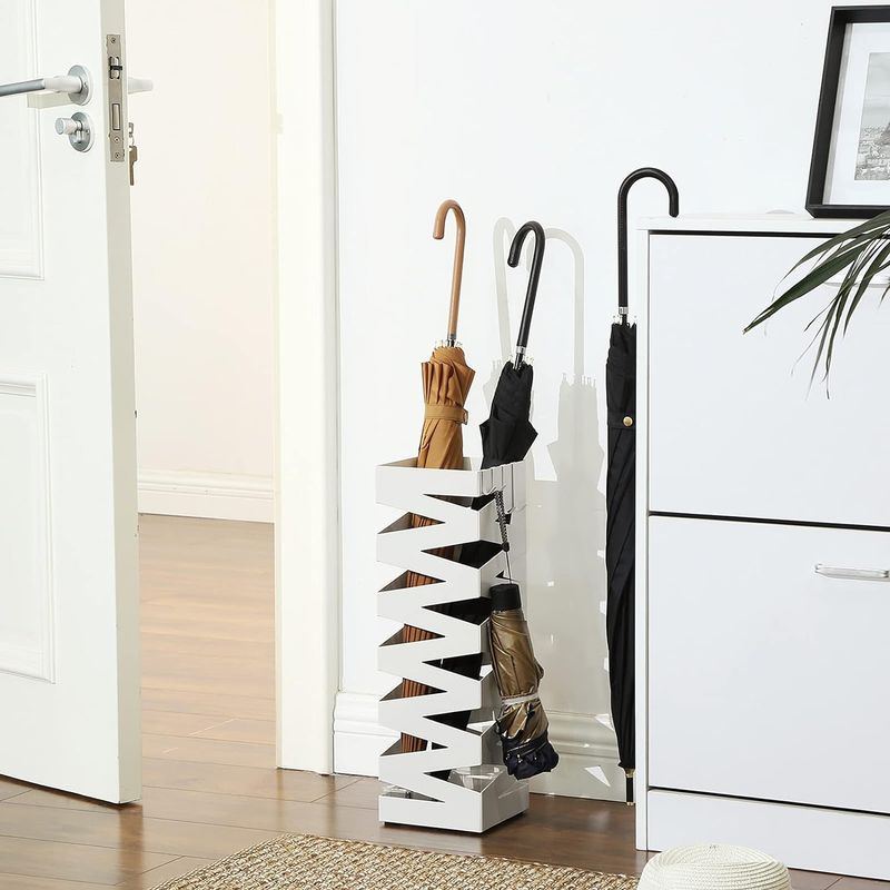 Casa si Gradina - Decoratiuni - Obiecte decorative - Suporturi umbrele - Suport metalic pentru umbrele, cu carlige si tava de picurare, 15x15x49cm, alb - Infinity.ro