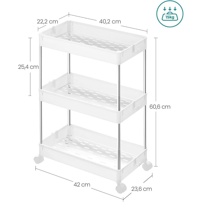 Casa si Gradina - Mobilier - Mobilier baie - Corpuri baie - Carucior cu 3 niveluri, rafturi etajate detasabile, roti pivotante 360A°, cadru metalic, 42x24x61 cm, alb - Infinity.ro