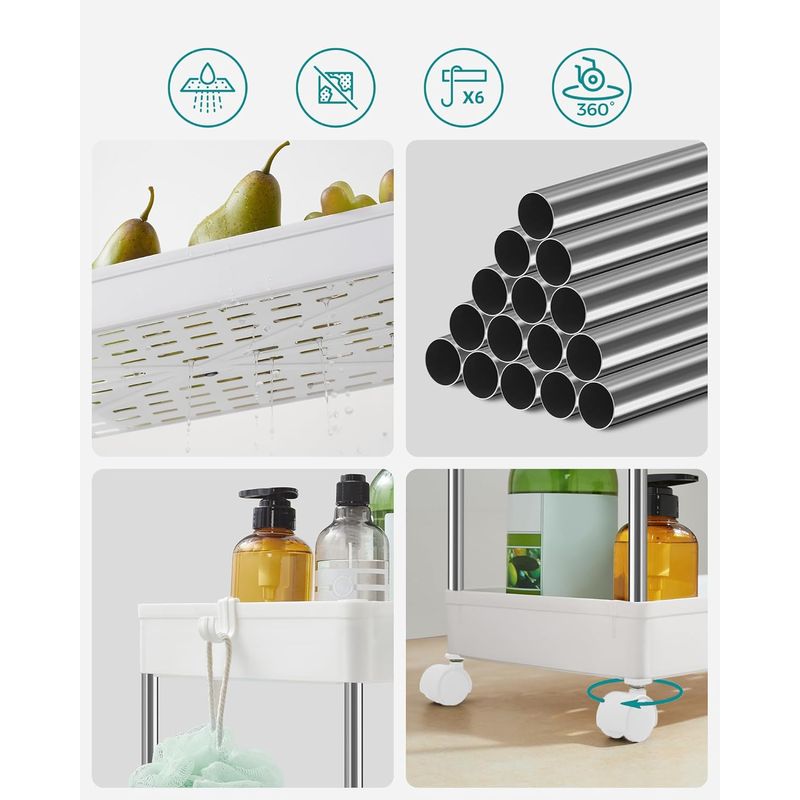 Casa si Gradina - Mobilier - Mobilier baie - Corpuri baie - Carucior cu 3 niveluri, rafturi etajate detasabile, roti pivotante 360A°, cadru metalic, 42x24x61 cm, alb - Infinity.ro