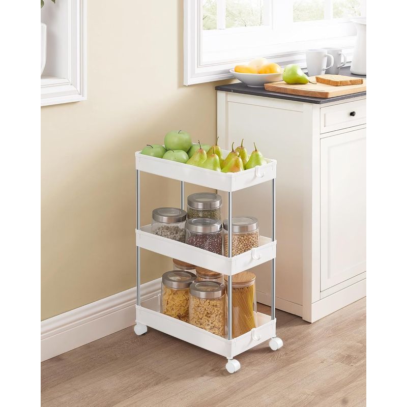 Casa si Gradina - Mobilier - Mobilier baie - Corpuri baie - Carucior cu 3 niveluri, rafturi etajate detasabile, roti pivotante 360A°, cadru metalic, 42x24x61 cm, alb - Infinity.ro