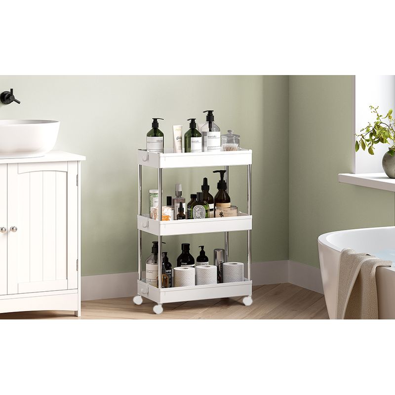 Casa si Gradina - Mobilier - Mobilier baie - Corpuri baie - Carucior cu 3 niveluri, rafturi etajate detasabile, roti pivotante 360A°, cadru metalic, 42x24x61 cm, alb - Infinity.ro