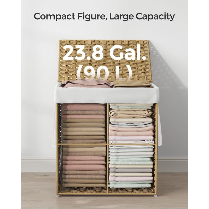 Market - Spalare si intretinere rufe - Uscatoare de rufe si accesorii - Cos rufe cu capac, ratan sintetic si sac detasabil, 90 L, 46x33x60 cm, natur - Infinity.ro