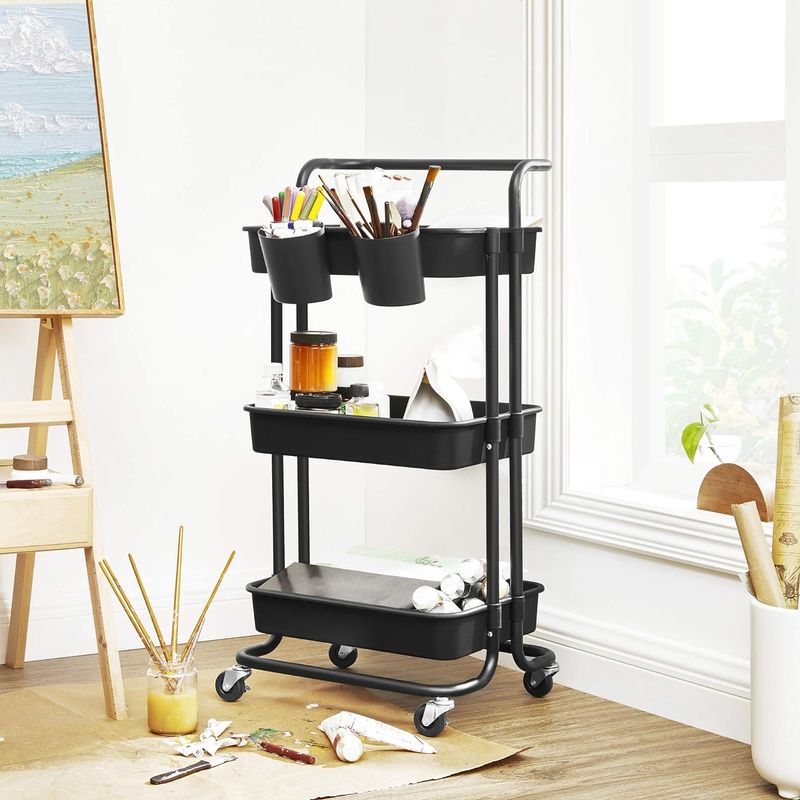 Casa si Gradina - Mobilier - Mobilier baie - Corpuri baie - Carucior de depozitare pe roti, pentru bucatarie sau baie, cu 3 nivele, 42x34x86 cm, negru - Infinity.ro