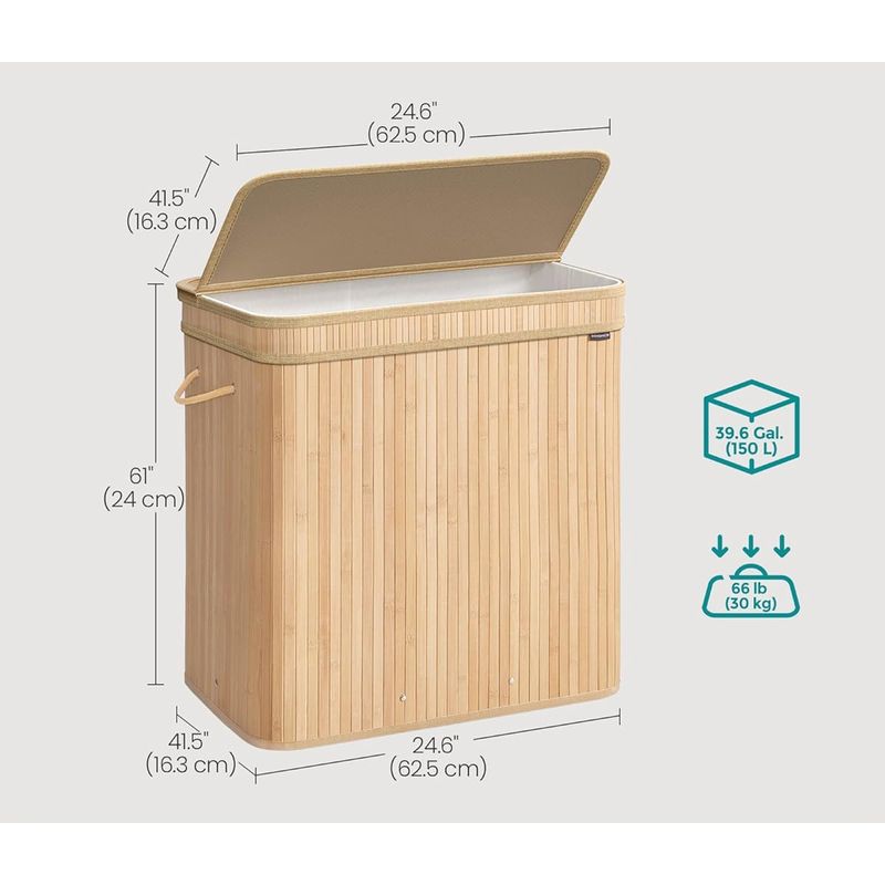 Market - Spalare si intretinere rufe - Uscatoare de rufe si accesorii - Cos rufe 63x42x61 cm, 150L, pliabil cu capac si sac lavabil, bambus si textil, bej natur - Infinity.ro