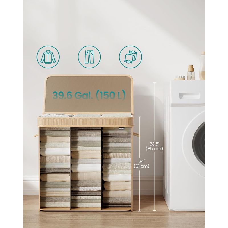 Market - Spalare si intretinere rufe - Uscatoare de rufe si accesorii - Cos rufe 63x42x61 cm, 150L, pliabil cu capac si sac lavabil, bambus si textil, bej natur - Infinity.ro