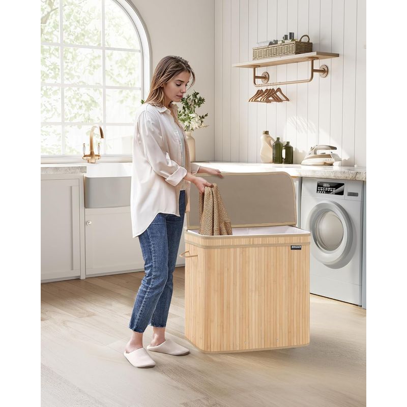 Market - Spalare si intretinere rufe - Uscatoare de rufe si accesorii - Cos rufe 63x42x61 cm, 150L, pliabil cu capac si sac lavabil, bambus si textil, bej natur - Infinity.ro