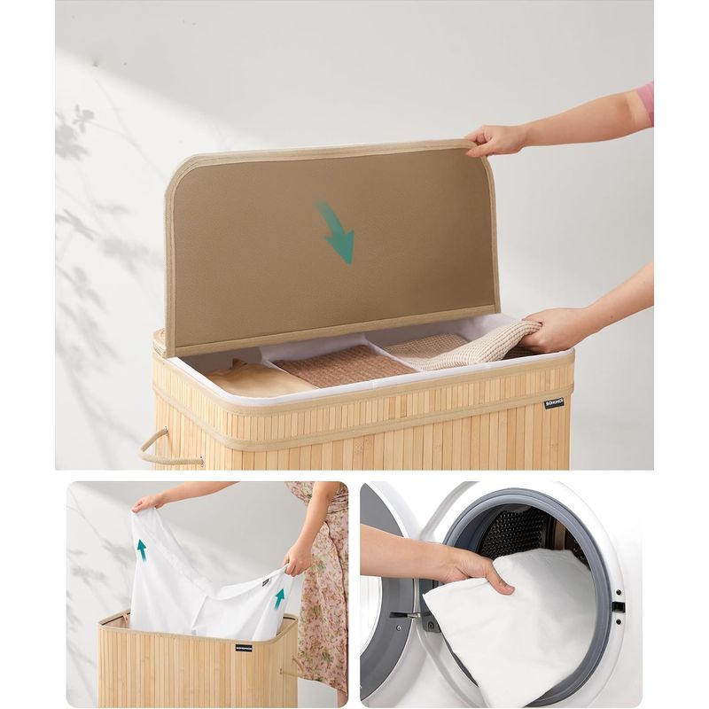 Market - Spalare si intretinere rufe - Uscatoare de rufe si accesorii - Cos rufe 63x42x61 cm, 150L, pliabil cu capac si sac lavabil, bambus si textil, bej natur - Infinity.ro