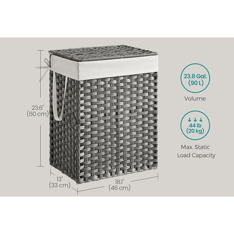 Market - Spalare si intretinere rufe - Uscatoare de rufe si accesorii - Cos rufe cu capac, ratan sintetic si sac detasabil, 90 L, 46x33x60 cm, gri - Infinity.ro