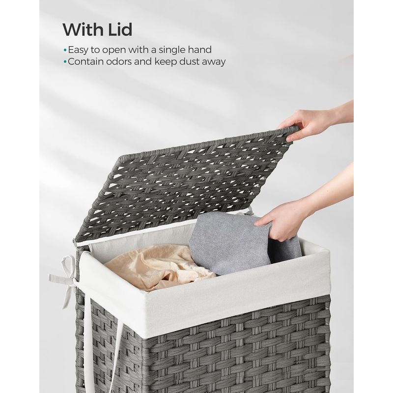 Market - Spalare si intretinere rufe - Uscatoare de rufe si accesorii - Cos rufe cu capac, ratan sintetic si sac detasabil, 90 L, 46x33x60 cm, gri - Infinity.ro