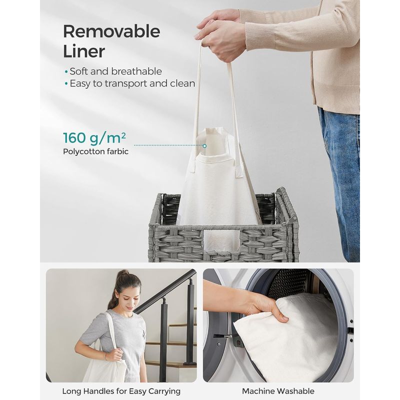 Market - Spalare si intretinere rufe - Uscatoare de rufe si accesorii - Cos rufe cu capac, ratan sintetic si sac detasabil, 90 L, 46x33x60 cm, gri - Infinity.ro