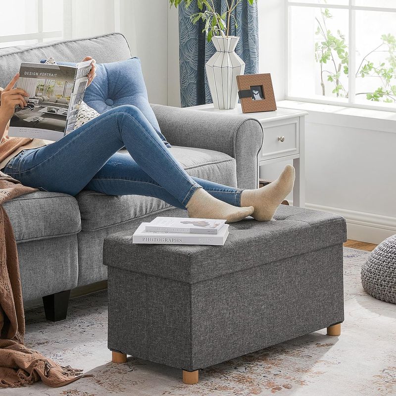 Casa si Gradina - Mobilier - Scaune si fotolii - Tabureti - Taburet pliabil cu sezut moale, spatiu de depozitare, maxim 300kg, 76x38x40cm, gri inchis - Infinity.ro