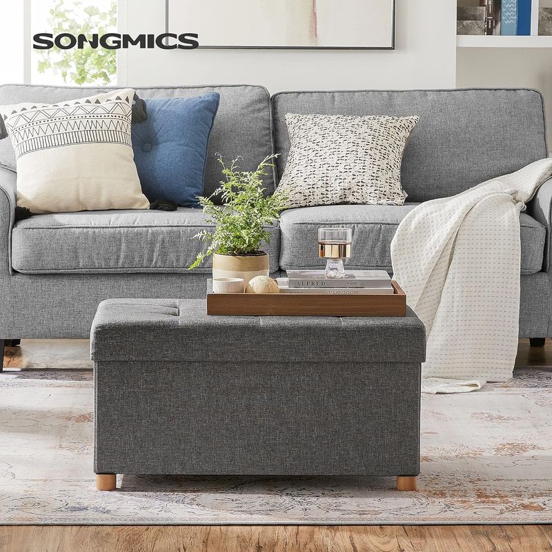 Casa si Gradina - Mobilier - Scaune si fotolii - Tabureti - Taburet pliabil cu sezut moale, spatiu de depozitare, maxim 300kg, 76x38x40cm, gri inchis - Infinity.ro