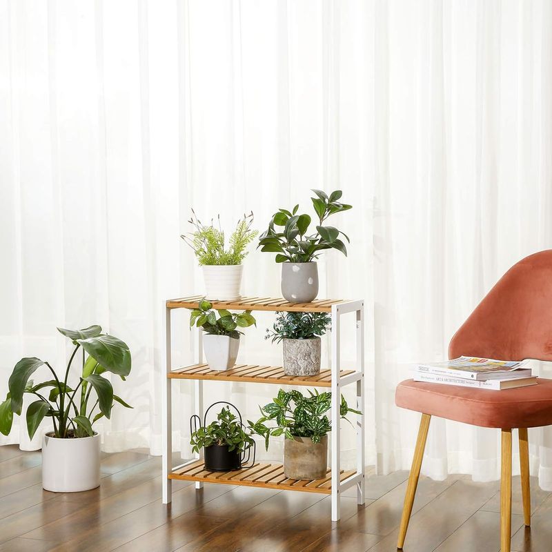 Casa si Gradina - Mobilier - Mobilier baie - Corpuri baie - Etajera bambus 60x26x66 cm, cu 3 rafturi, kit anti-rasturnare, alb si natur - Infinity.ro