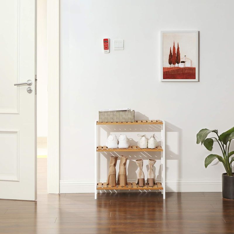 Casa si Gradina - Mobilier - Mobilier baie - Corpuri baie - Etajera bambus 60x26x66 cm, cu 3 rafturi, kit anti-rasturnare, alb si natur - Infinity.ro