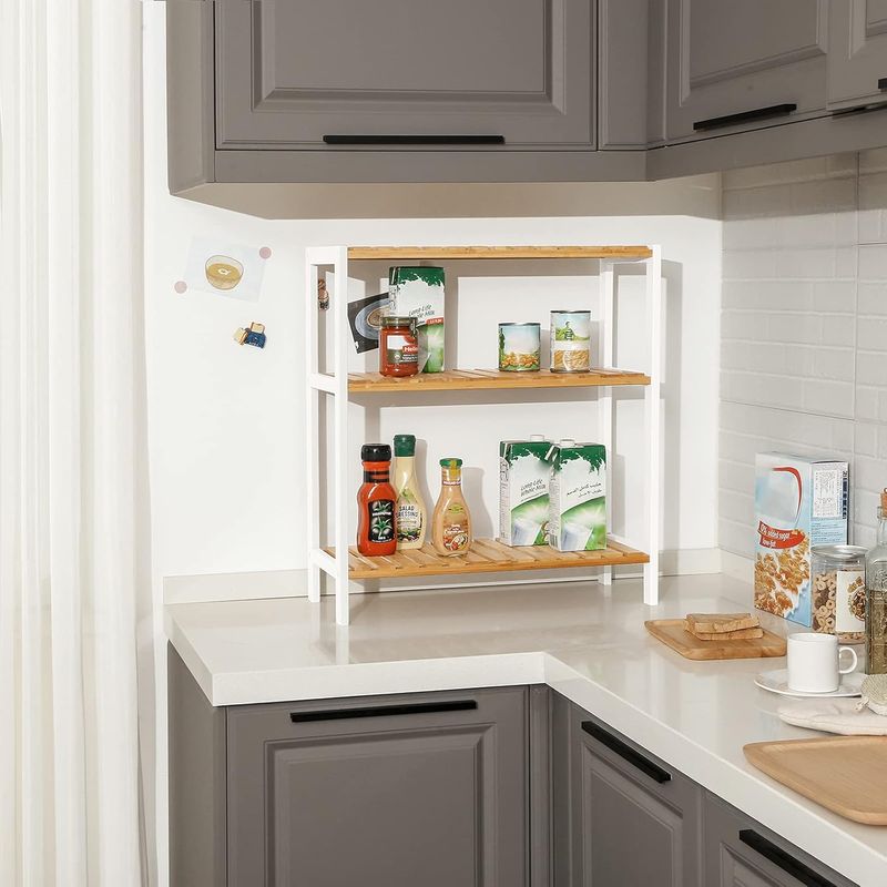 Casa si Gradina - Mobilier - Mobilier baie - Corpuri baie - Etajera bambus 60x26x66 cm, cu 3 rafturi, kit anti-rasturnare, alb si natur - Infinity.ro