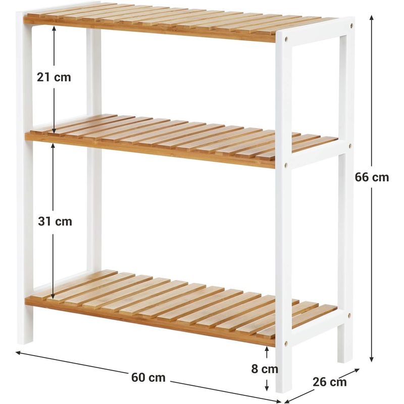 Casa si Gradina - Mobilier - Mobilier baie - Corpuri baie - Etajera bambus 60x26x66 cm, cu 3 rafturi, kit anti-rasturnare, alb si natur - Infinity.ro