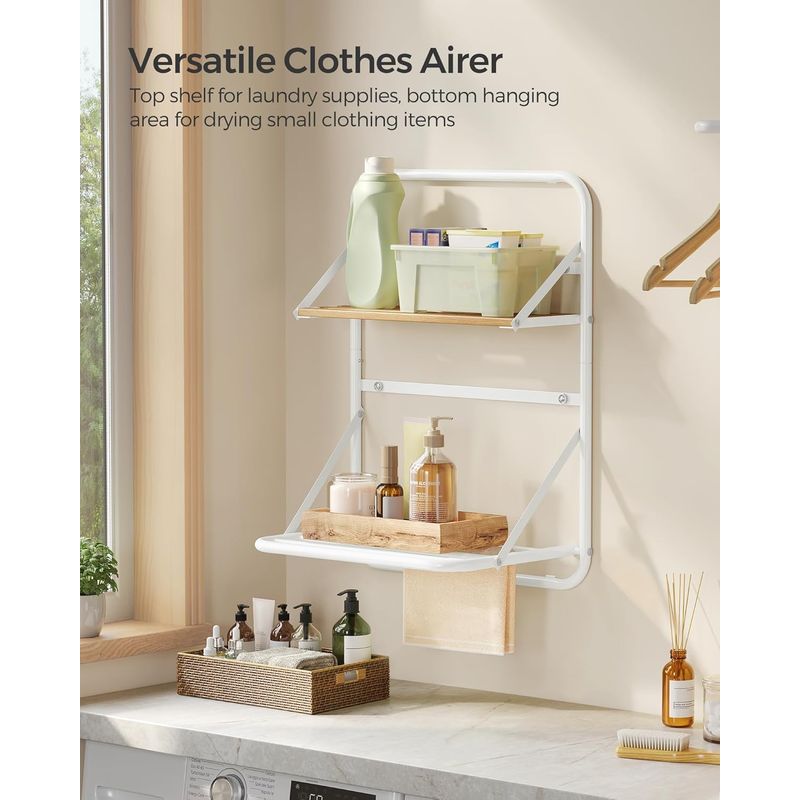 Casa si Gradina - Sanitare - Suporturi si accesorii baie - Accesorii baie - Suport prosoape pliabil de perete, cu 5 bare, polita de depozitare, otel, 26x38x56 cm, alb - Infinity.ro