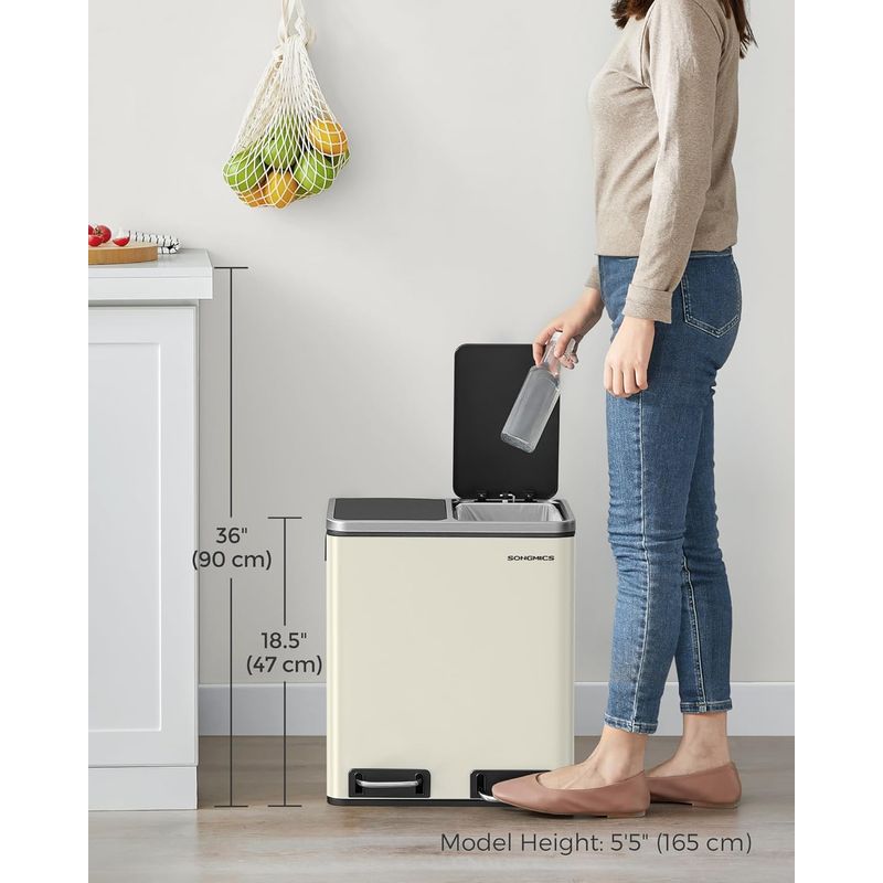 Casa si Gradina - Mobilier - Organizare si depozitare - Cosuri de gunoi - Cos de gunoi dublu 41x32x47 cm, 2x15L, pedale separate, capac soft-close si galeata detasabila, bej si negru - Infinity.ro