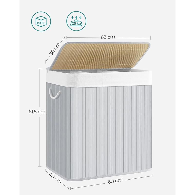 Market - Spalare si intretinere rufe - Uscatoare de rufe si accesorii - Cos de rufe din bambus, pliabil, cu captuseala detasabila lavabila, 3 compartimente, 150L, 60x40x62cm, gri - Infinity.ro