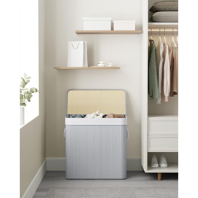 Market - Spalare si intretinere rufe - Uscatoare de rufe si accesorii - Cos de rufe din bambus, pliabil, cu captuseala detasabila lavabila, 3 compartimente, 150L, 60x40x62cm, gri - Infinity.ro