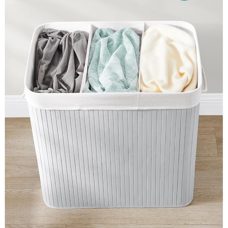 Market - Spalare si intretinere rufe - Uscatoare de rufe si accesorii - Cos de rufe din bambus, pliabil, cu captuseala detasabila lavabila, 3 compartimente, 150L, 60x40x62cm, gri - Infinity.ro