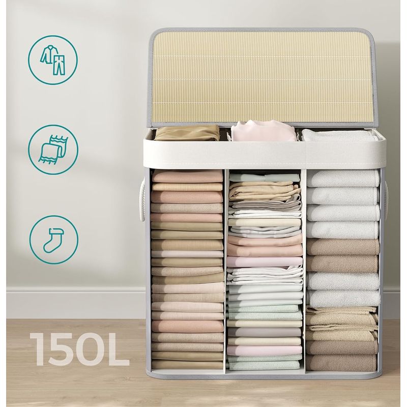 Market - Spalare si intretinere rufe - Uscatoare de rufe si accesorii - Cos de rufe din bambus, pliabil, cu captuseala detasabila lavabila, 3 compartimente, 150L, 60x40x62cm, gri - Infinity.ro