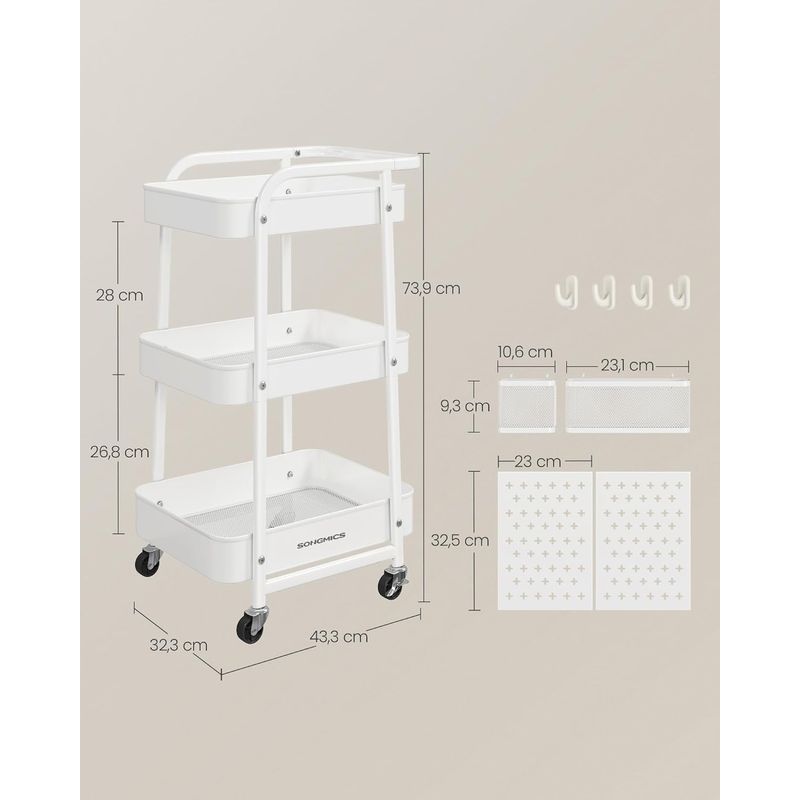 Casa si Gradina - Mobilier - Comode si corpuri - Corpuri bucatarie - Raft de depozitare mobil tip carucior rulant, pentru baie sau bucatarie, cadru otel, 32x43x74 cm, alb - Infinity.ro
