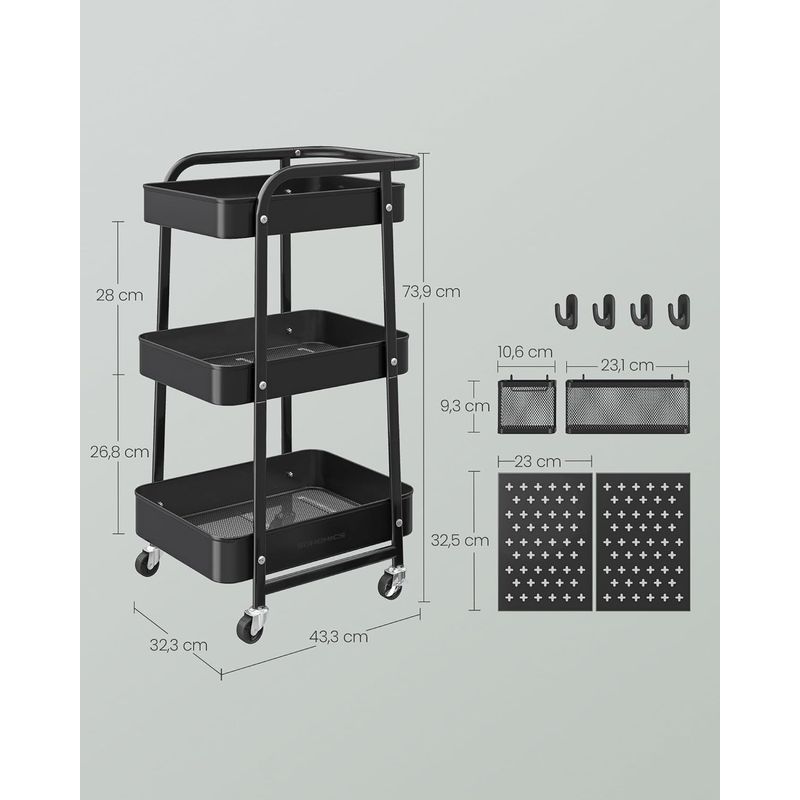 Casa si Gradina - Mobilier - Comode si corpuri - Corpuri bucatarie - Raft de depozitare mobil tip carucior rulant, pentru baie sau bucatarie, cadru otel, 32x43x74 cm, negru - Infinity.ro