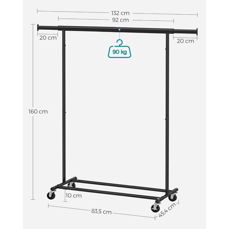 Casa si Gradina - Mobilier - Organizare si depozitare - Cuiere - Suport pentru haine cu sina superioara extensibila, pe roti, reglabil pe latime, 45x(92-132)x160cm, negru - Infinity.ro