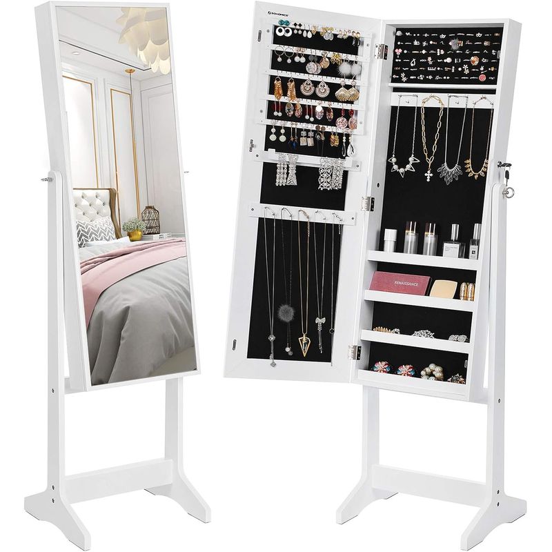 Casa si Gradina - Decoratiuni - Oglinzi - Oglinda de podea cu suport, din MDF, spatiu de depozitare, 41x37x152 cm, alb - Infinity.ro