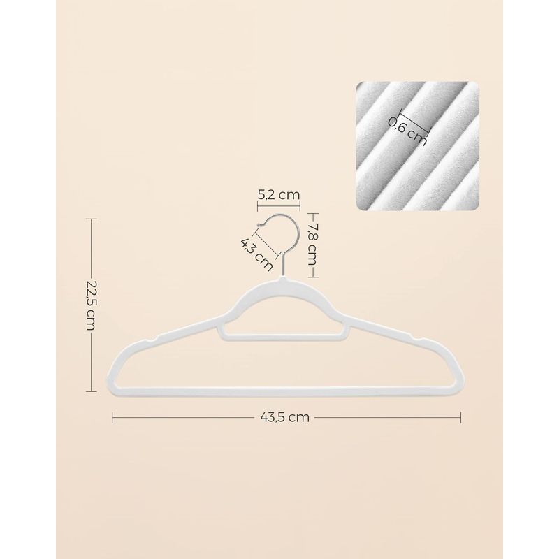 Casa si Gradina - Mobilier - Organizare si depozitare - Umerase si valeti - Set de 50 de umerase pentru haine, anti-alunecare cu catifea, bara de cravata si carlig pivotant, 43,5 cm, alb - Infinity.ro