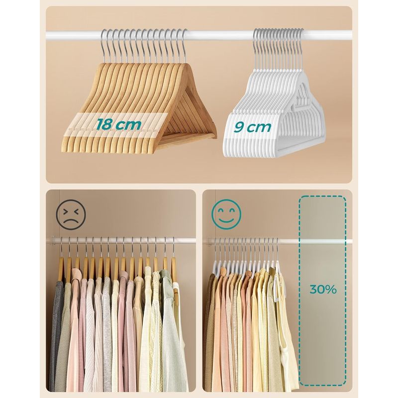 Casa si Gradina - Mobilier - Organizare si depozitare - Umerase si valeti - Set de 50 de umerase pentru haine, anti-alunecare cu catifea, bara de cravata si carlig pivotant, 43,5 cm, alb - Infinity.ro