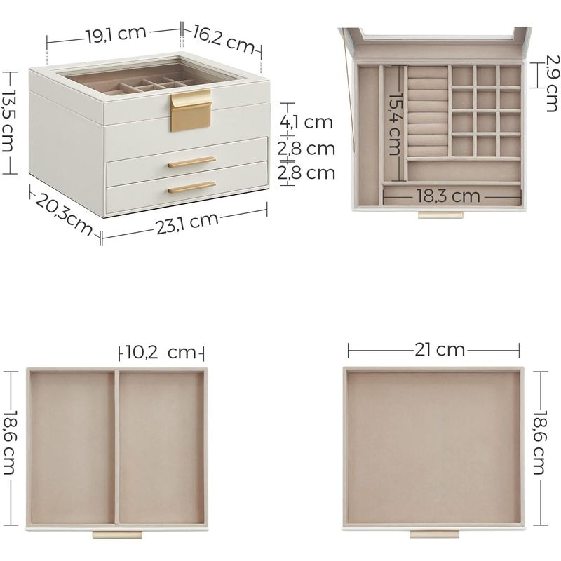 Casa si Gradina - Mobilier - Organizare si depozitare - Cutii depozitare - Cutie de bijuterii cu 3 nivele, 2 sertare, capac din sticla, 20x23x14cm, alb si auriu - Infinity.ro