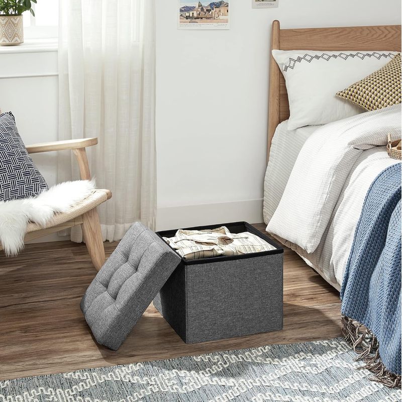 Casa si Gradina - Mobilier - Scaune si fotolii - Tabureti - Taburet cu sezut moale, spatiu de depozitare, maxim 300kg, 38x38x38cm, gri inchis - Infinity.ro