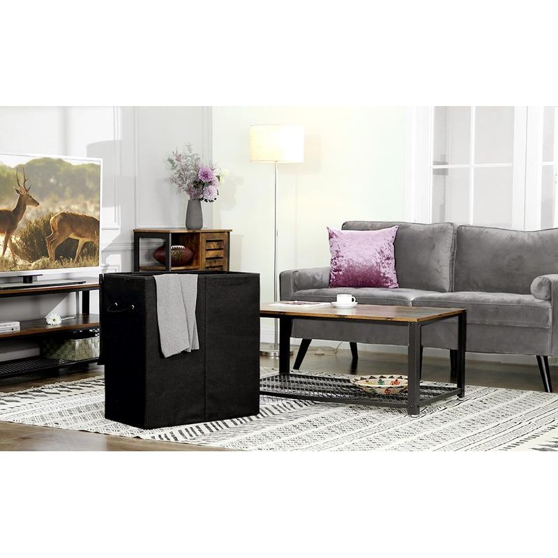 Market - Spalare si intretinere rufe - Uscatoare de rufe si accesorii - Cos de rufe textil, pliabil, 2 compartimente, saci detasabili, 142L, 60x36x66cm, negru - Infinity.ro