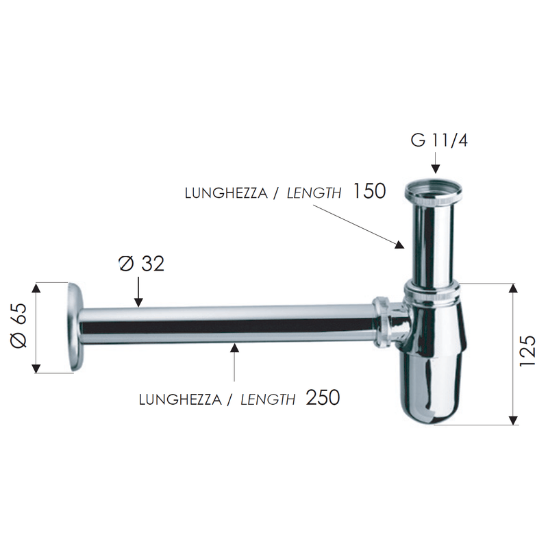Casa si Gradina - Sanitare - Lavoar baie si accesorii - Accesorii baterii sanitare - Sifon rigid pentru lavoar Remer Rubinetterie 970Z114, diametru 32 mm, lungime 250 mm, alama cromata, finisaj lucios - Infinity.ro