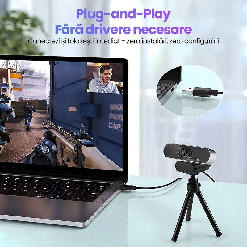 PC, gaming si accesorii - Periferice PC - Camere Web - Camera Web Full HD 1080P 30fps Auto-Focus Microfon Reducere Zgomot, Unghi 120°, Rotatie 360°, HDR, USB, Trepied - Infinity.ro