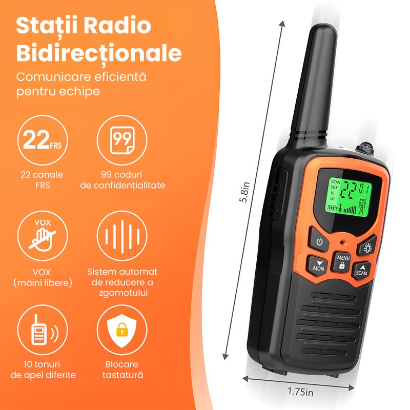 Jucarii, Copii si Bebe - Jucarii si jocuri - Jucarii & jocuri educative - Jucarii interactive - Set 2x Statii Radio Portabila Walkie Talkie TECHNOVICI, 22 Canale FRS, Raza 5 KM, Portocaliu/Negru - Infinity.ro