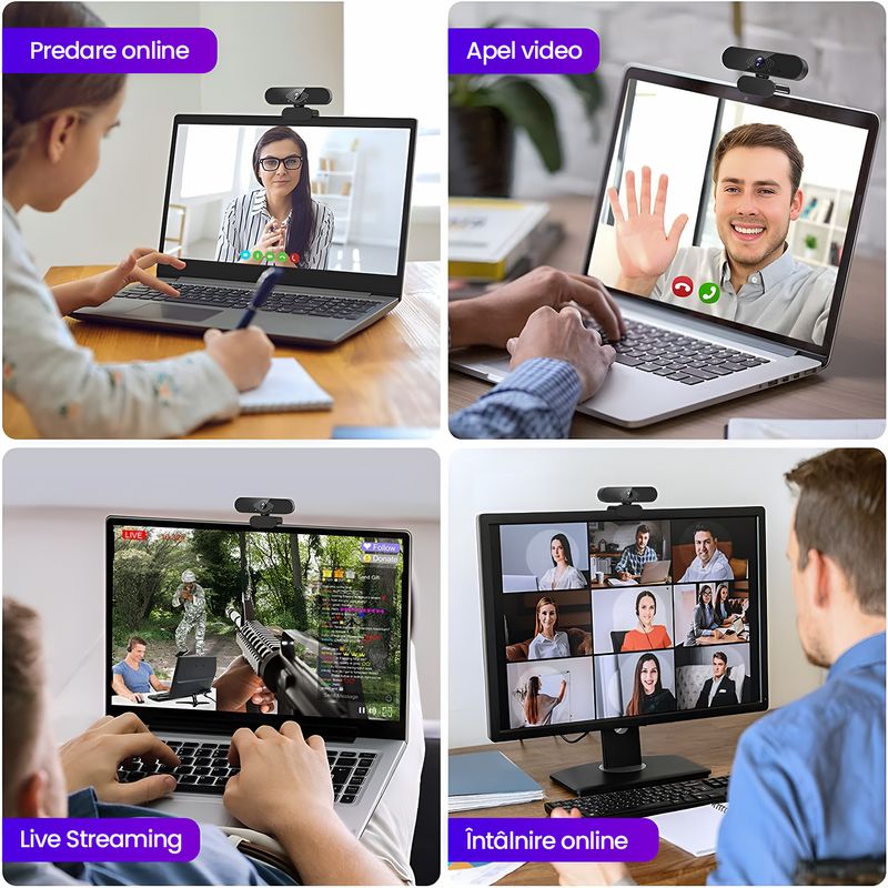 PC, gaming si accesorii - Periferice PC - Camere Web - Camera Web Full HD 1080P 30fps Auto-Focus Microfon Reducere Zgomot, Unghi 120°, Rotatie 360°, HDR, USB, Trepied - Infinity.ro