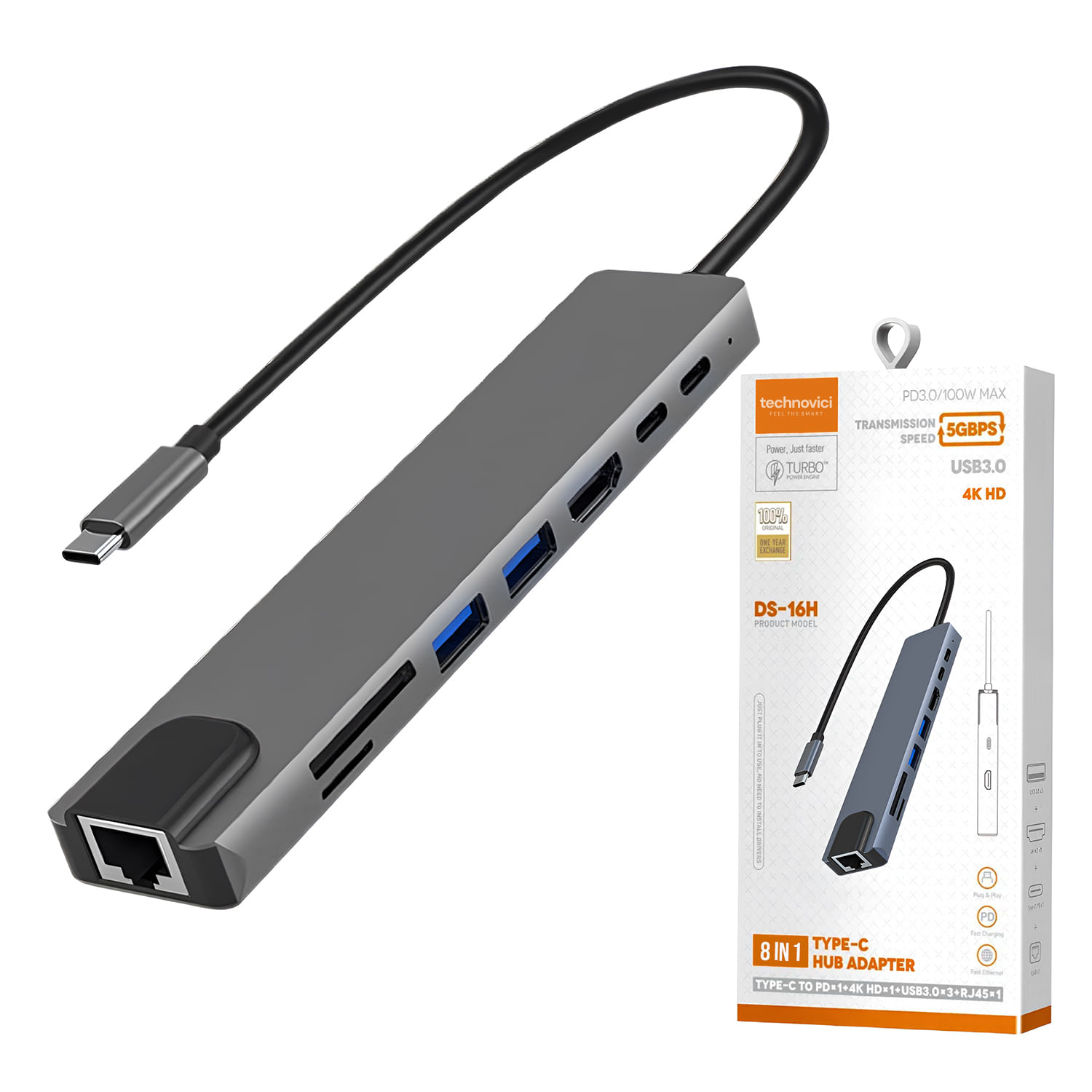 Hub USB Type-C 8in1 HDMI 4K 30Hz 2xUSB 3.0 5Gbps Ethernet RJ45 Card SD/MicroSD PD 100W Aluminiu Argintiu
