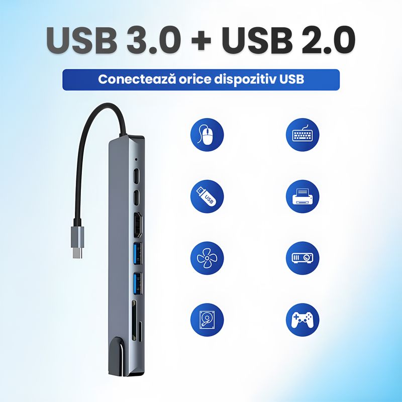 PC, gaming si accesorii - Retelistica - Hub-uri - Hub USB Type-C 8in1 HDMI 4K 30Hz 2xUSB 3.0 5Gbps Ethernet RJ45 Card SD/MicroSD PD 100W Aluminiu Argintiu - Infinity.ro