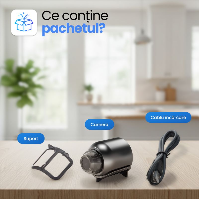 Laptop, Telefoane si Tablete - Wearables si gadgeturi - Gadgeturi - Dispozitive spionaj - Mini Camera Spion WiFi Full HD 1080P Card 16GB Unghi 140° Detectare AI Miscare Vedere Nocturna 10m Alerte Push 30mm - Infinity.ro