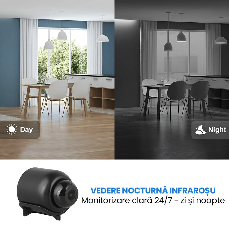 Laptop, Telefoane si Tablete - Wearables si gadgeturi - Gadgeturi - Dispozitive spionaj - Mini Camera Spion WiFi Full HD 1080P Card 16GB Unghi 140° Detectare AI Miscare Vedere Nocturna 10m Alerte Push 30mm - Infinity.ro