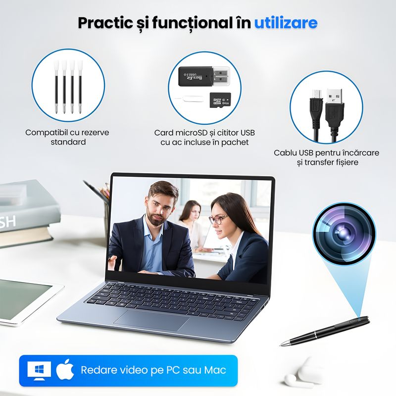 Laptop, Telefoane si Tablete - Wearables si gadgeturi - Gadgeturi - Dispozitive spionaj - Pix Spion cu Camera Video Full HD 1080P, Card MicroSD 32GB Inclus, Baterie 150 Min, Inregistrare Audio-Video, Negru - Infinity.ro